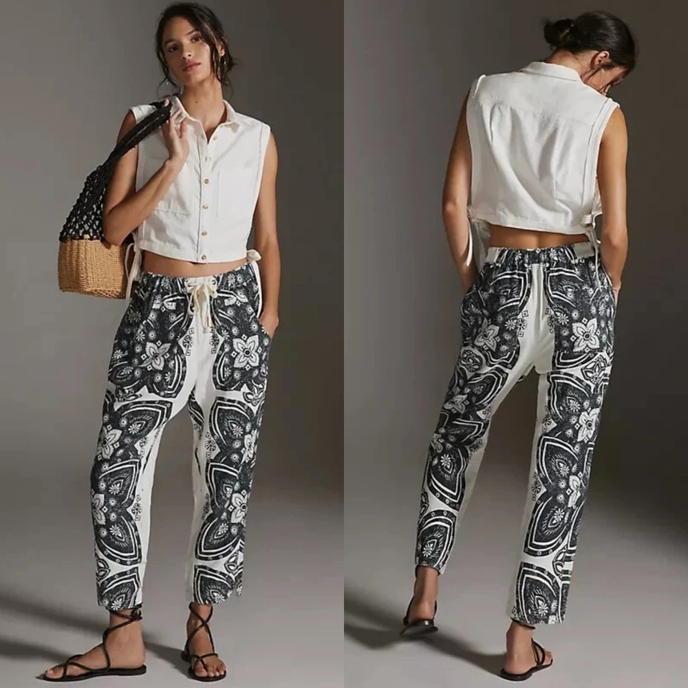 Pilcro Surf‎ Linen Paisley Pants Women’s XS Anthropologie Drawstring Black White